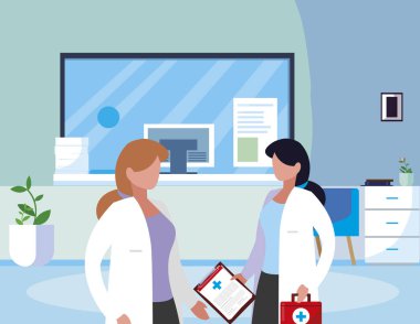 klinik resepsiyon sahnesinde kadın tıp çalışanları