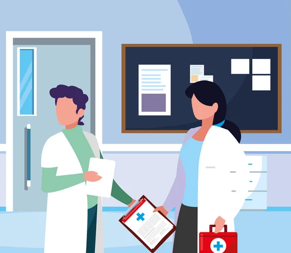Quelques travailleurs en médecine dans le couloir de l'hôpital — Image vectorielle
