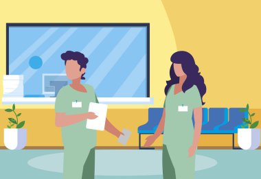 klinik resepsiyonda çift tıp işçileri
