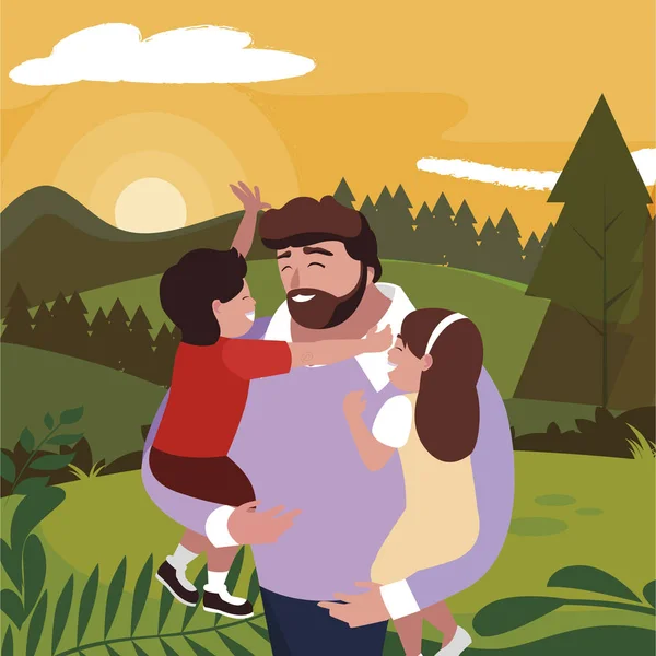 Padre con hijo e hija personajes en el campo — Archivo Imágenes Vectoriales