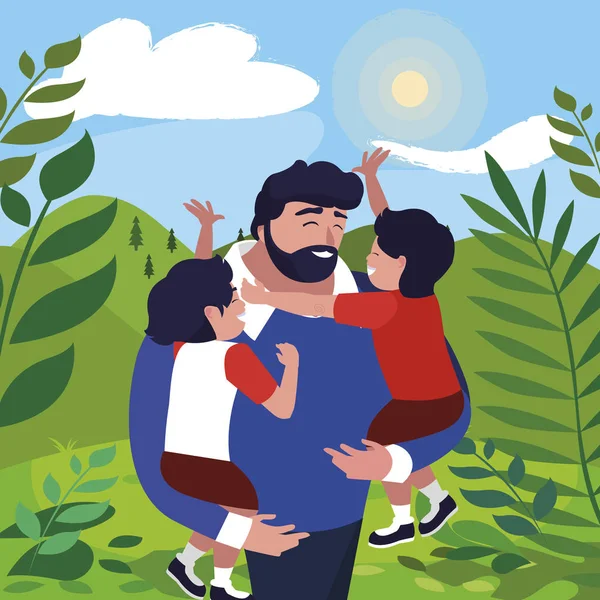 Padre con hijos personajes en el campo — Archivo Imágenes Vectoriales