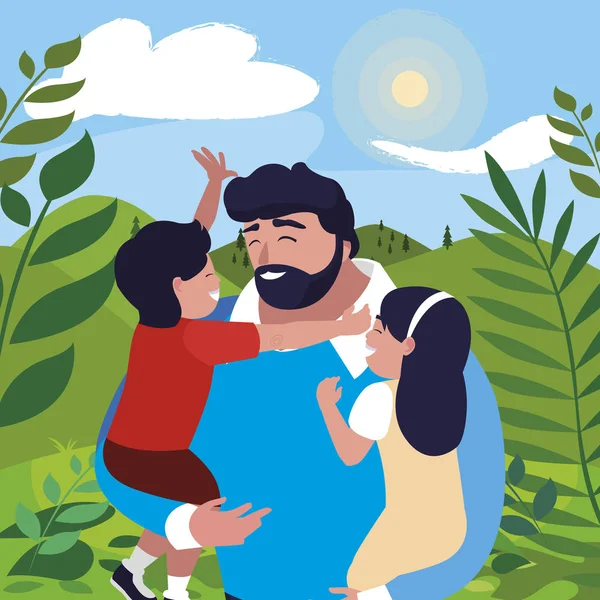 Padre con hijo e hija personajes en el campo — Archivo Imágenes Vectoriales
