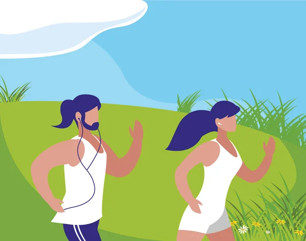 Pareja de atletismo corriendo en el campamento — Vector de stock