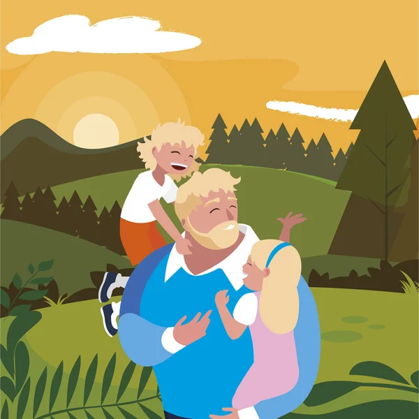 Padre con hijo e hija personajes en el campo — Vector de stock