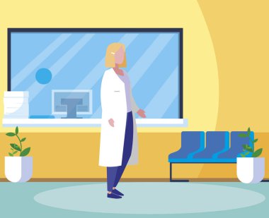 klinik resepsiyonda kadın ilaç işçisi