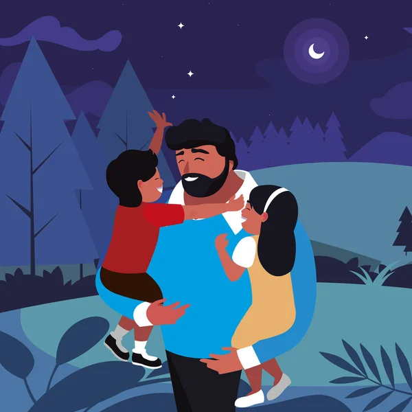 Gece alanında oğlu ve kızı ile baba — Stok Vektör