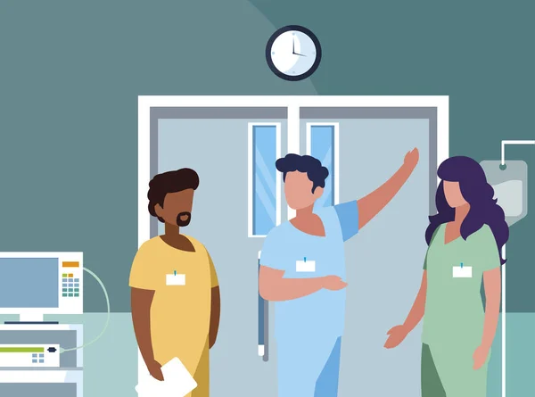 Travailleurs en médecine de groupe interracial en salle d'opération — Image vectorielle