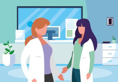 klinik resepsiyon sahnesinde kadın tıp çalışanları