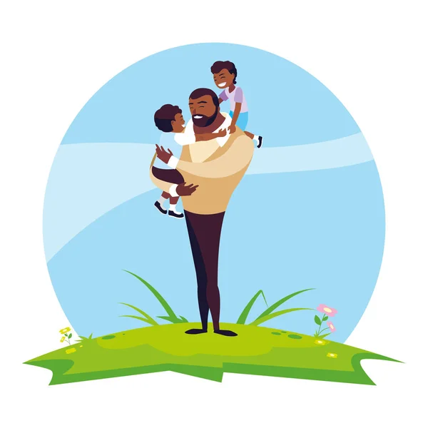 Afro tată cu fii pe câmp — Vector de stoc