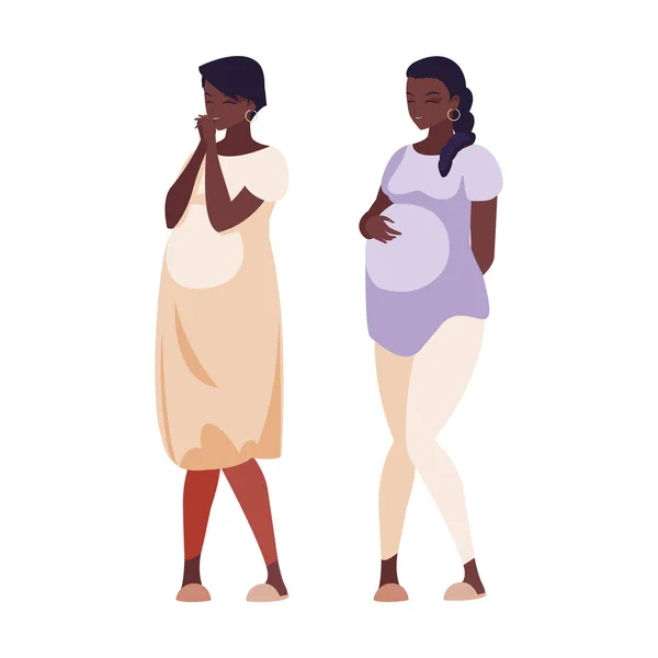 Casal de mulheres afro gravidez personagens —  Vetores de Stock