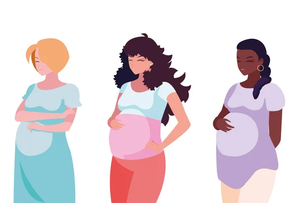 Grupo interracial de mujeres embarazadas personajes — Archivo Imágenes Vectoriales