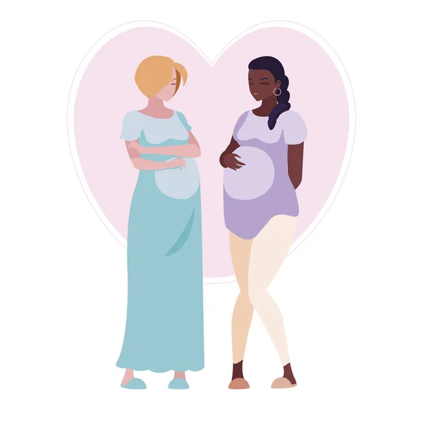 Interracial couple of pregnancy women in heart — Stock Vector
