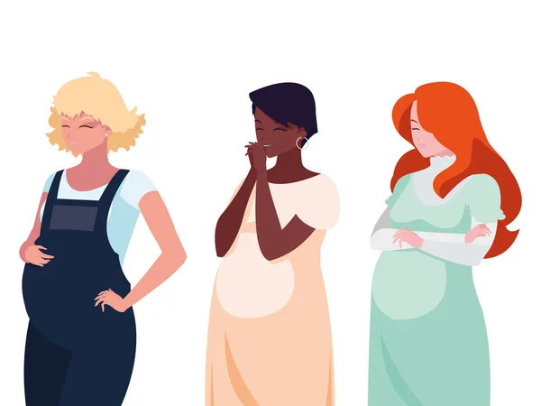 Kvinnefigurer i en flerkulturell gruppe av svangerskap – stockvektor