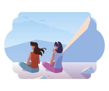women couple contemplating horizon in snowscape scene