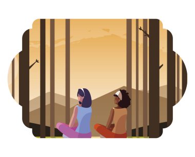 women couple contemplating horizon in the forest scene