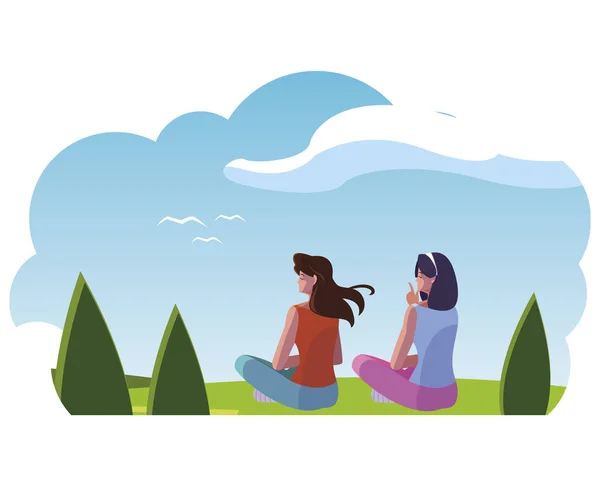 Women couple contemplating the horizon in the field scene — Stock Vector