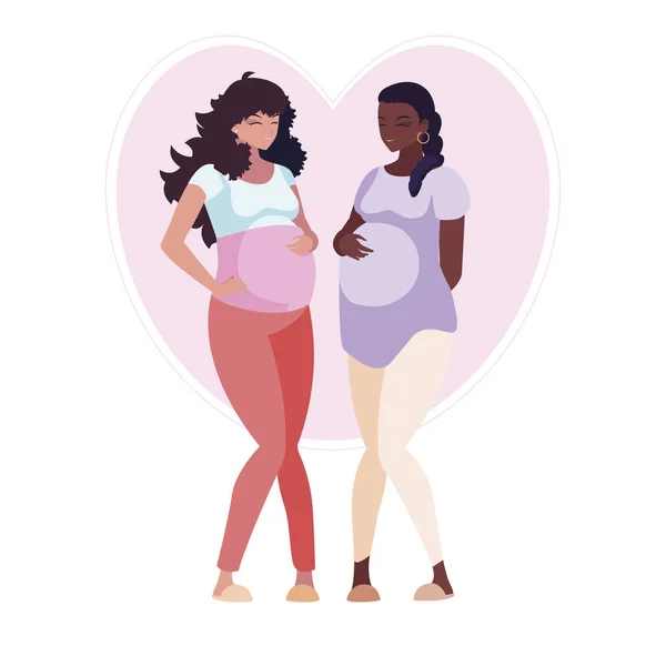 Interracial couple of pregnancy women in heart — Stock Vector
