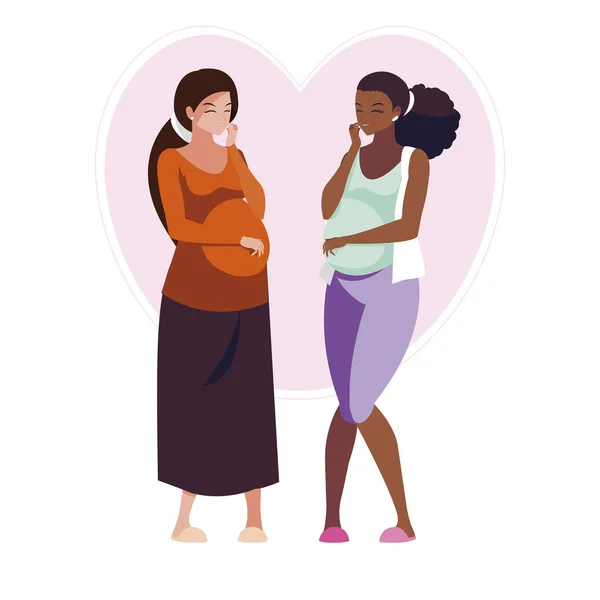 Interracial couple of pregnancy women in heart — Stock Vector