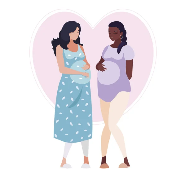 Interracial couple of pregnancy women in heart — Stock Vector