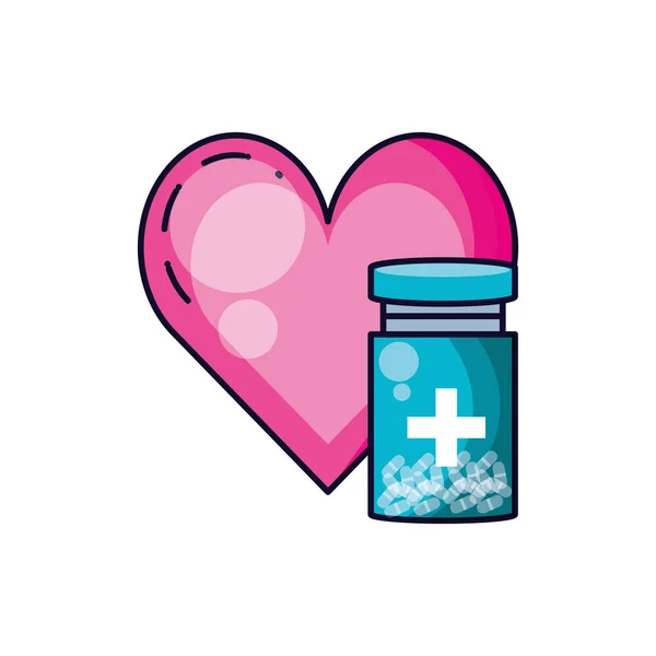 Bottle of medicine with heart isolated icon — Stock Vector