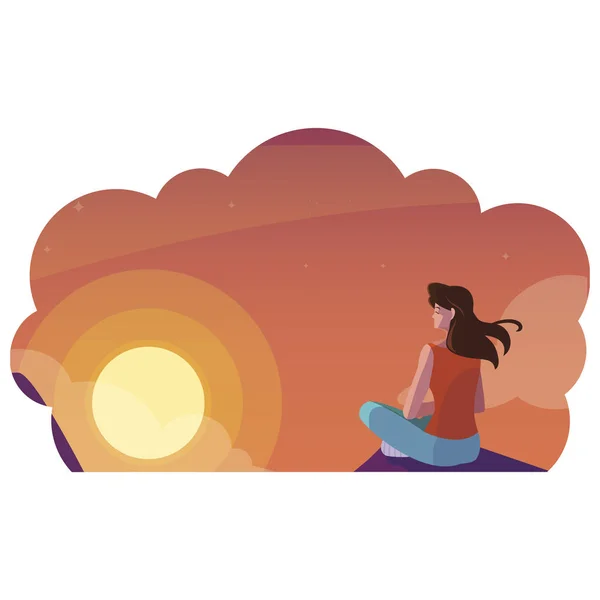 Frau betrachtet Horizont der Himmel-Sonnenuntergang-Szene — Stockvektor
