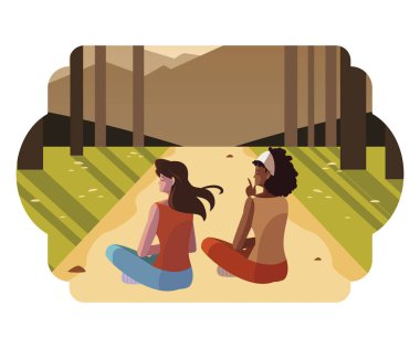 women couple contemplating horizon in the forest scene