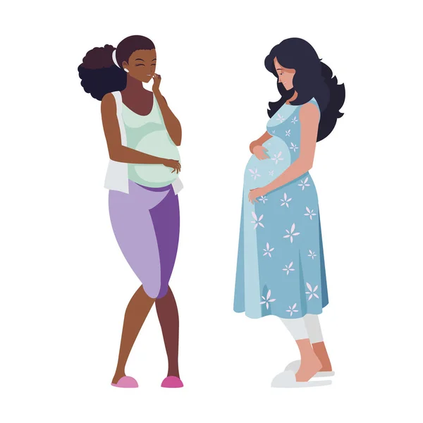 Casal interracial de mulheres grávidas personagens —  Vetores de Stock