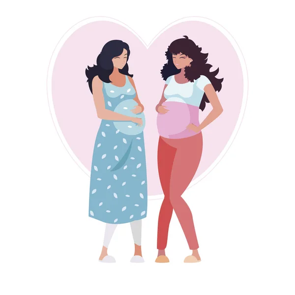 Couple of beautiful pregnancy women in heart — Stock Vector