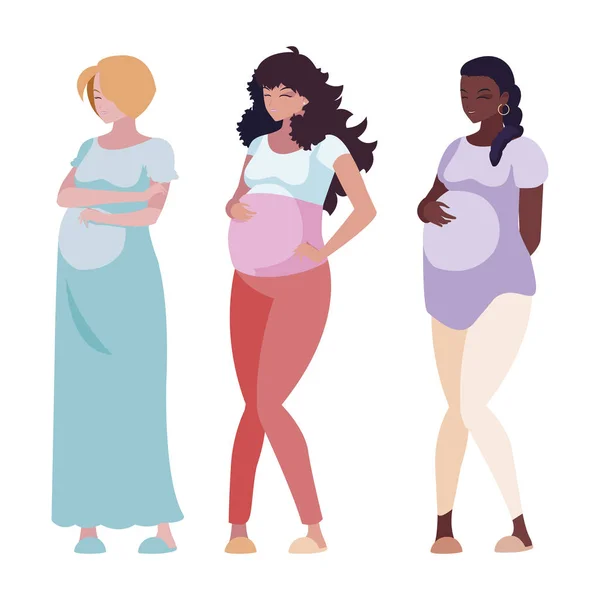 Interracial group of pregnancy women characters — Stock Vector