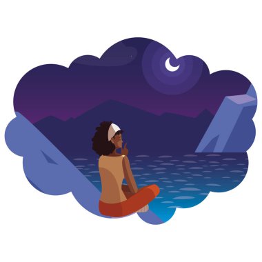 gece sahnesinde dağlarda ufuk düşünen afro kadın