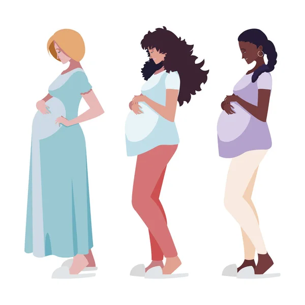 Grupo interracial de mulheres grávidas personagens —  Vetores de Stock