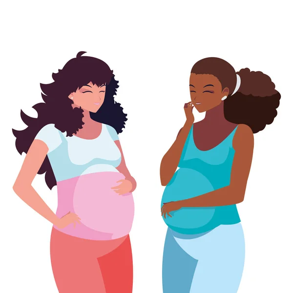 Casal interracial de mulheres grávidas personagens —  Vetores de Stock