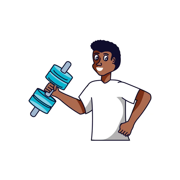 Afro homem atlético com haltere avatar personagem — Vetor de Stock