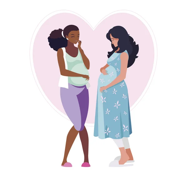 Couple interracial de femmes enceintes dans le coeur — Image vectorielle