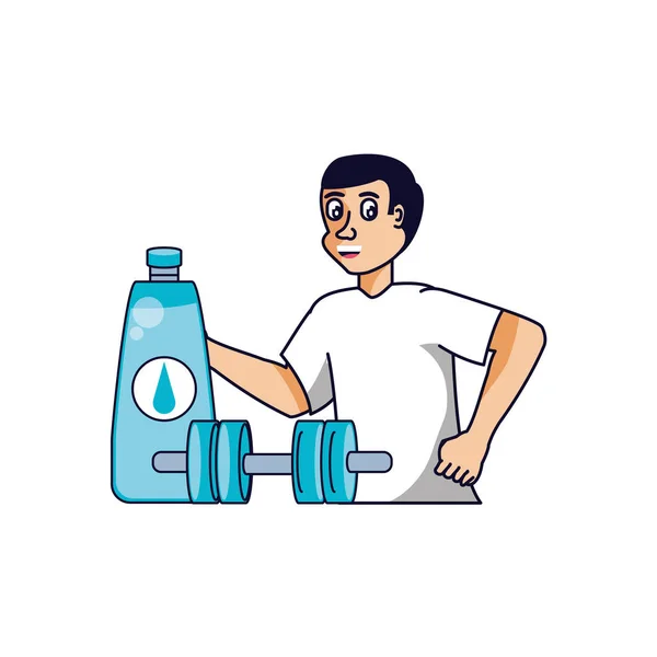 Homem atlético com haltere e garrafa de água — Vetor de Stock