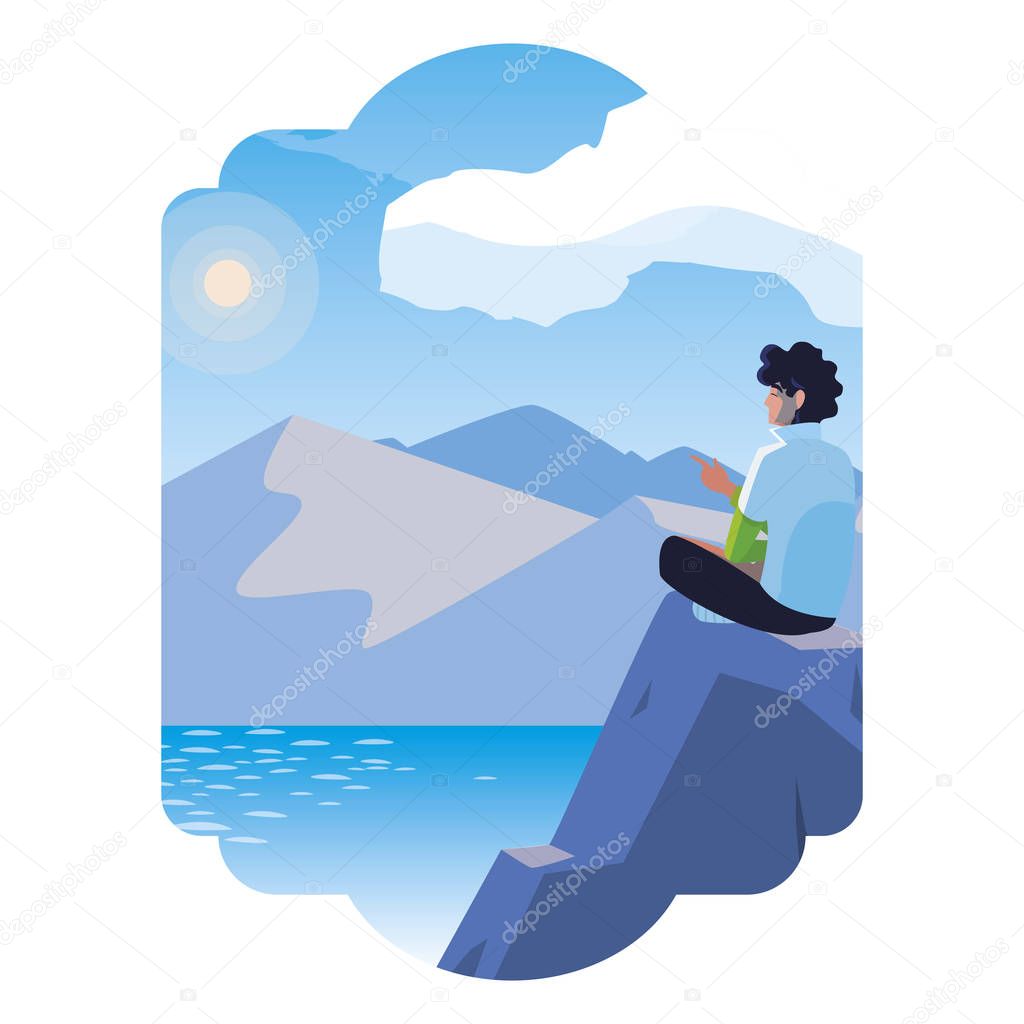 man contemplating horizon in lake and mountains scene