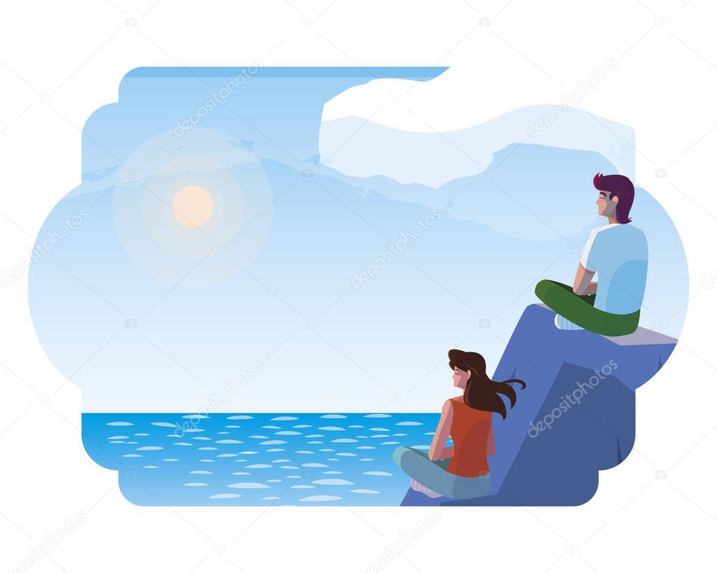 couple contemplating horizon in lake and mountains scene
