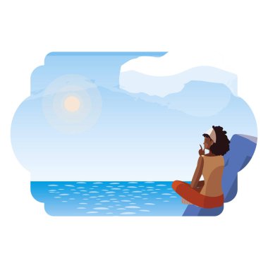 göl ve dağlar sahnesinde ufuk taslayan afro kadın