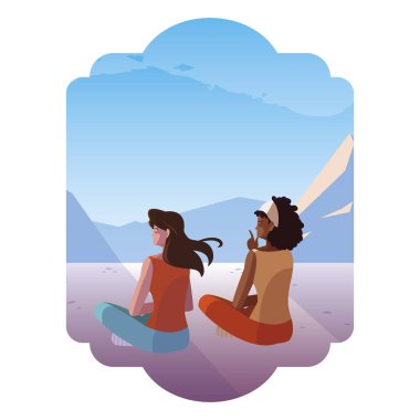 women couple contemplating horizon in snowscape scene