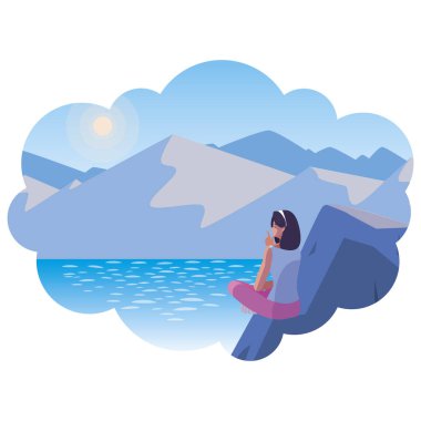 woman contemplating horizon in lake and mountains scene