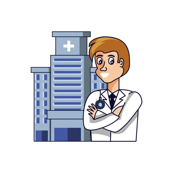 Profissional médico com fachada hospitalar — Vetor de Stock