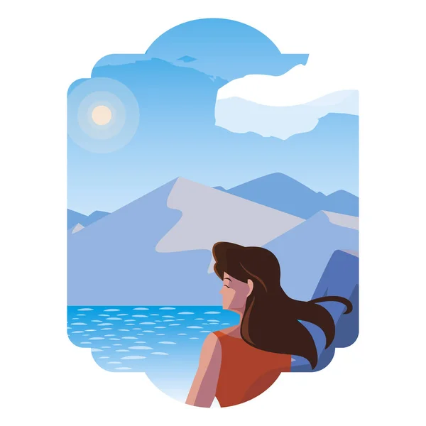 Vrouw contemplating horizon in meer en bergen scène — Stockvector