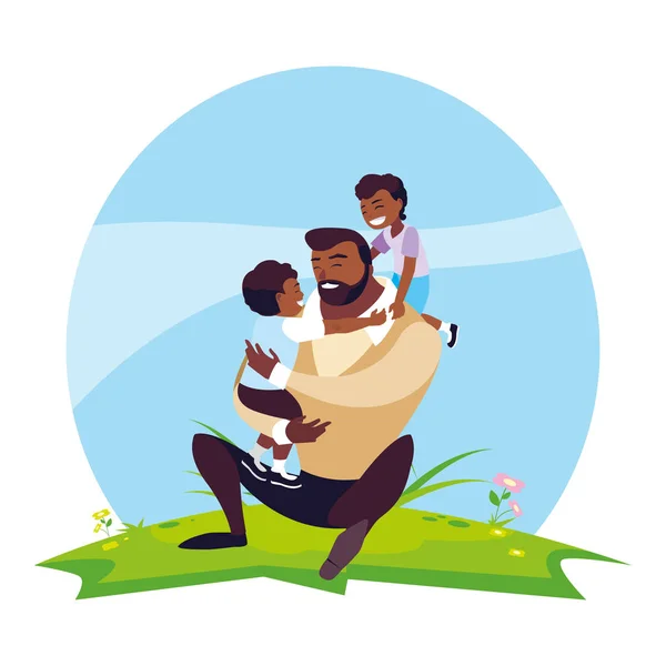 Afro pai com filhos no campo —  Vetores de Stock