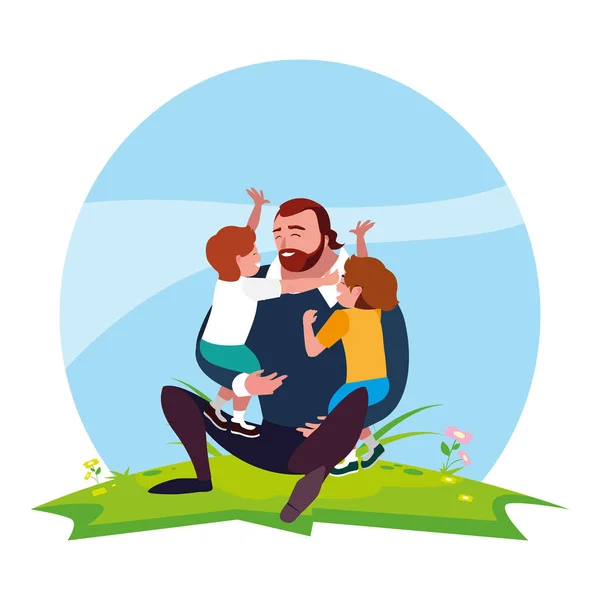 Father with sons characters in the field — Stock Vector