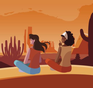women contemplating horizon in the desert scene