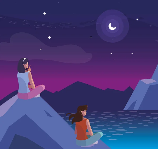 Kobiety kontemplujące horyzont w jeziorze i górach na scenie nocnej — Wektor stockowy