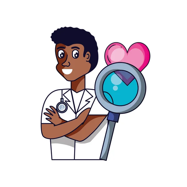 Afro doctor with magnifying glass and heart — Stock Vector
