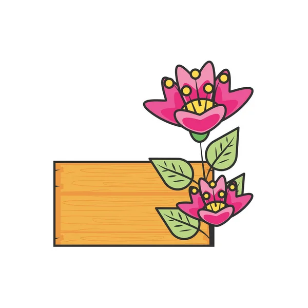 Ετικέτα ξύλινο με λουλούδια Naturals και φύλλα — Διανυσματικό Αρχείο