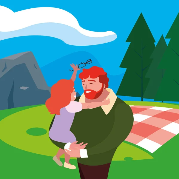 Padre con personajes de la hija en el día de picnic de campo — Vector de stock