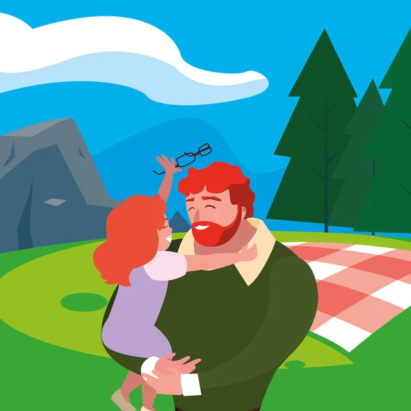 Pappa med dotter karaktärer i fältet picknick dag — Stock vektor
